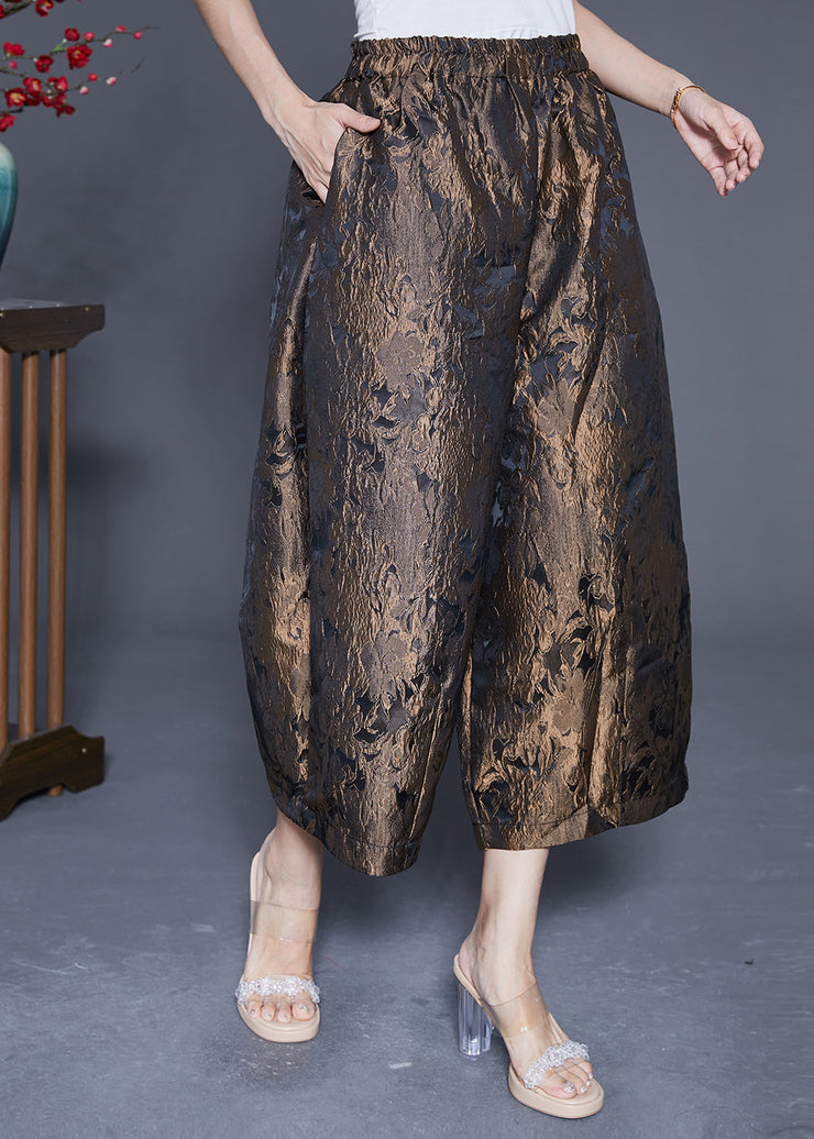 Bronze Jacquard Silk Wide Leg Pants Elastic Waist Summer