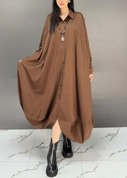 Brown Button Solid Cotton Fall Jumpsuit Peter Pan Collar