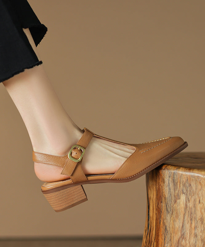 Brown Chunky Sheepskin Simple Splicing Sandals Hollow Out Pointed Toe