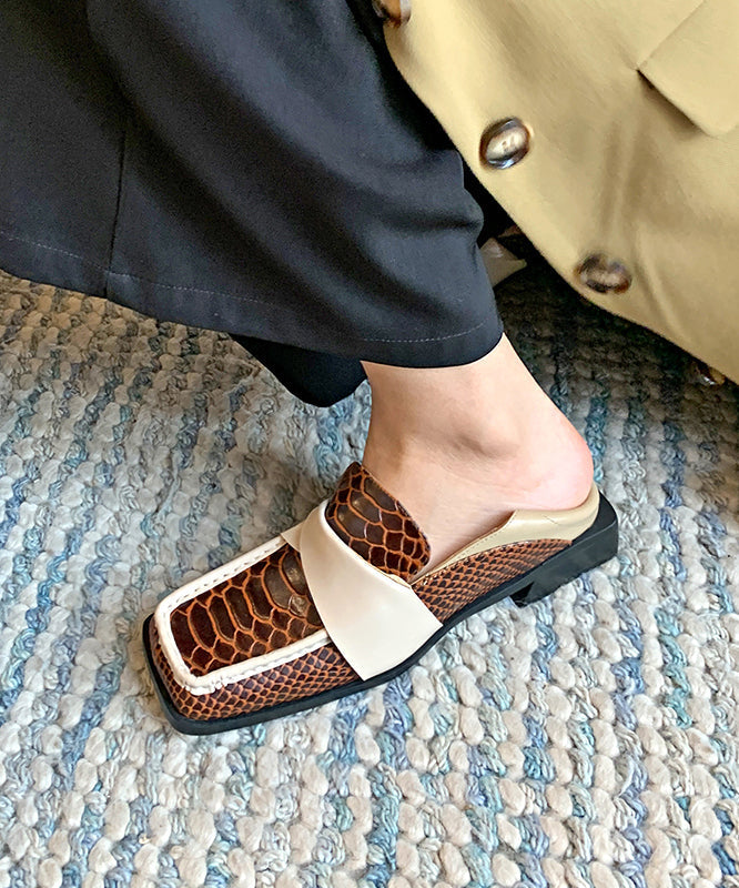 Brown Cowhide Leather French Splicing Loafer Shoes