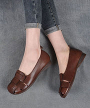 Brown Flat Feet Shoes Cowhide Leather Stylish Splicing Flat Shoes For Women