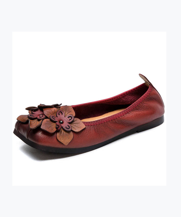 Brown Flat Shoes Cowhide Leather Retro Splicing Floral