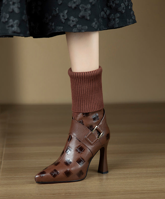 Brown High Heel Sheepskin Stylish Splicing Boots Pointed Toe