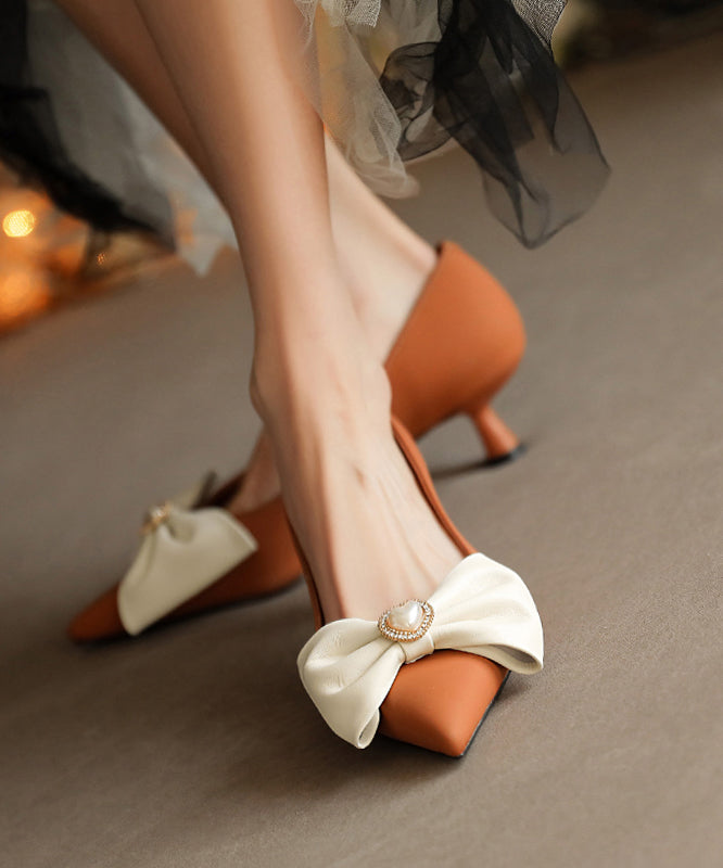 Brown High Heels Sheepskin Elegant Splicing Bow Pointed Toe