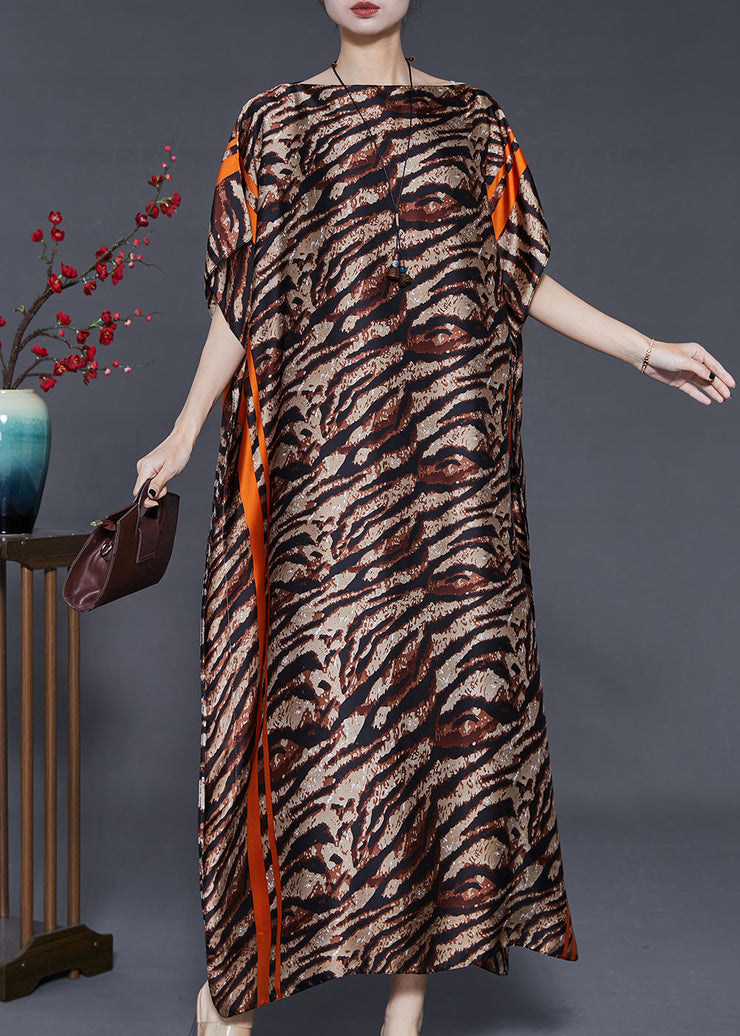 Brown Leopard Print Silk Maxi Dresses Slash Neck Summer