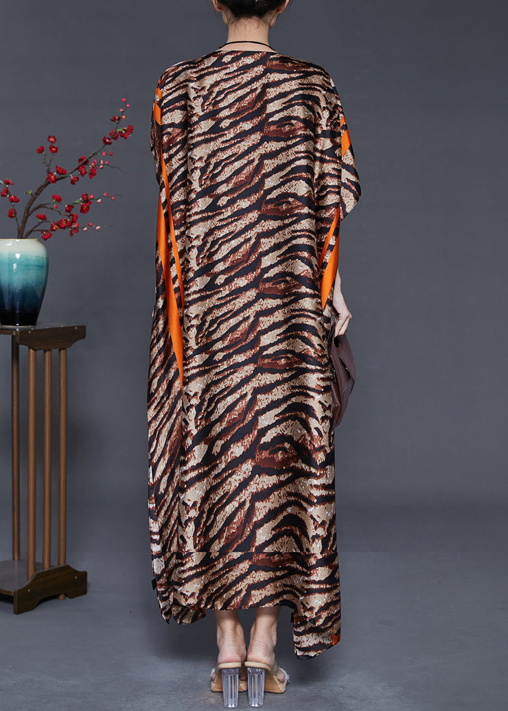 Brown Leopard Print Silk Maxi Dresses Slash Neck Summer