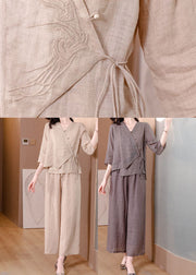 Grey Linen Two Pieces Set Embroidered Tie Waist Spring