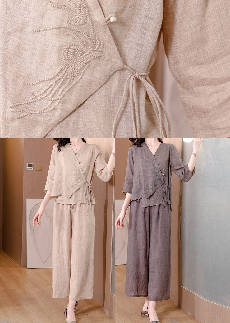 Grey Linen Two Pieces Set Embroidered Tie Waist Spring