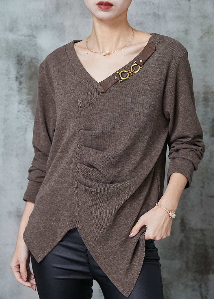 Brown Loose Cotton Sweatshirt Asymmetrical Wrinkled Spring