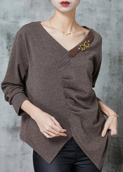 Brown Loose Cotton Sweatshirt Asymmetrical Wrinkled Spring