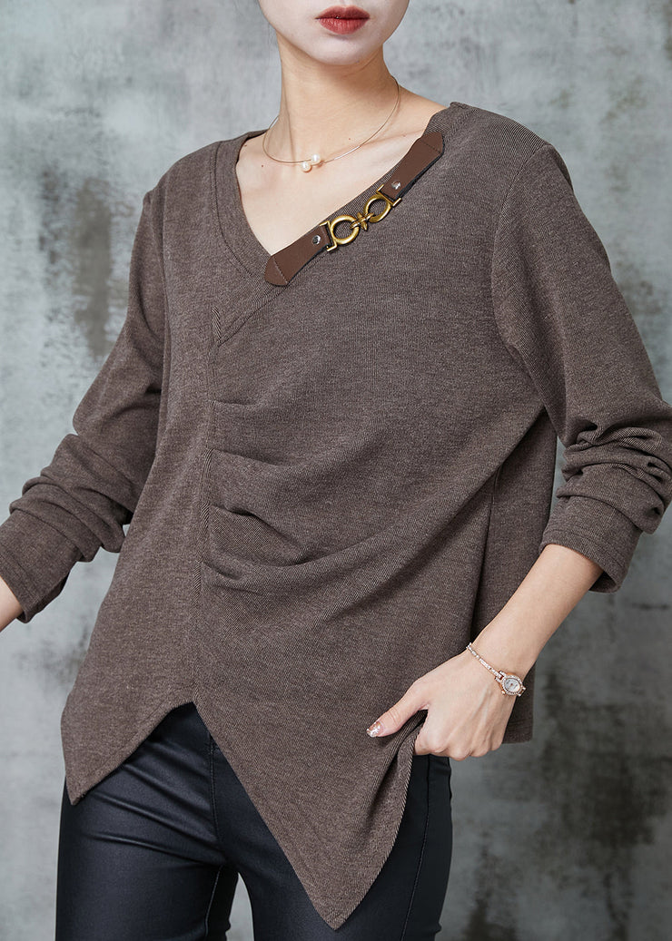 Brown Loose Cotton Sweatshirt Asymmetrical Wrinkled Spring