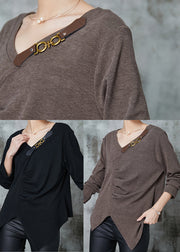 Brown Loose Cotton Sweatshirt Asymmetrical Wrinkled Spring