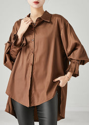 Brown Oversized Chiffon Blouse Low High Design Spring