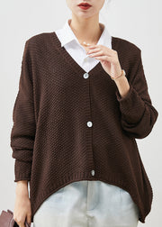 Brown Oversized Knit Loose Coat V Neck Spring