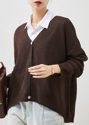 Brown Oversized Knit Loose Coat V Neck Spring