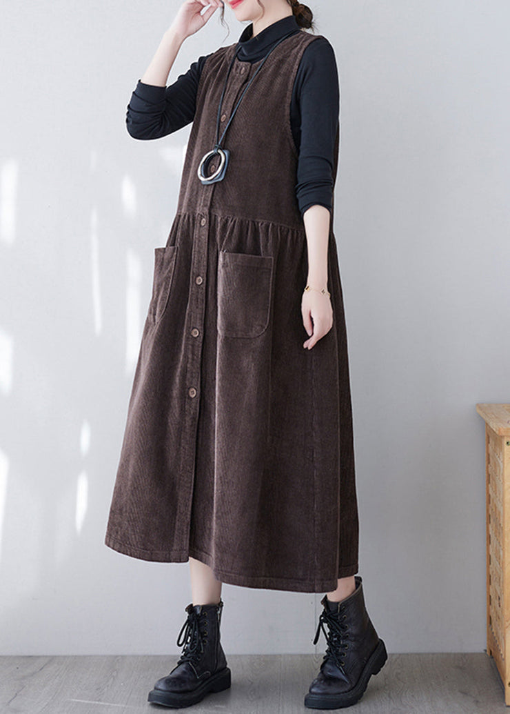 Brown Patchwork Corduroy Long Dress O-Neck Pockets Sleeveless