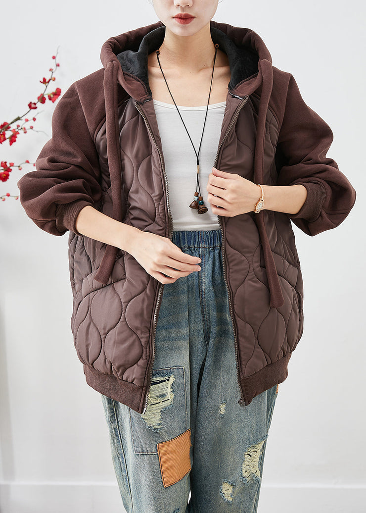 Brown Patchwork Fine Cotton Filled Puffer Jacket Hooded Oversized Winter