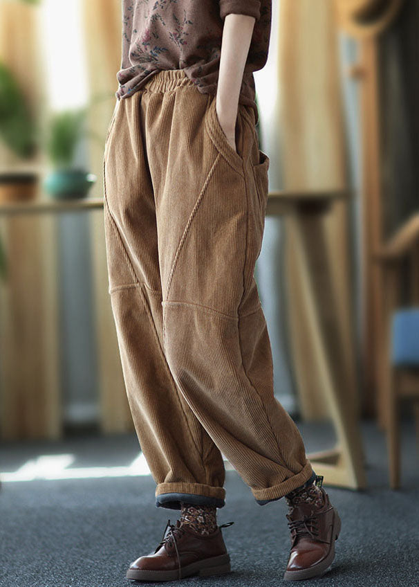 Brown Patchwork Thick Corduroy Pants Elastic Waist Solid Winter