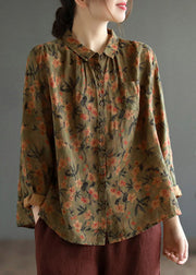 Brown Peter Pan Collar Button Linen Shirt Long Sleeve