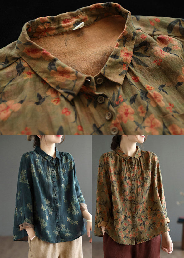 Brown Peter Pan Collar Button Linen Shirt Long Sleeve