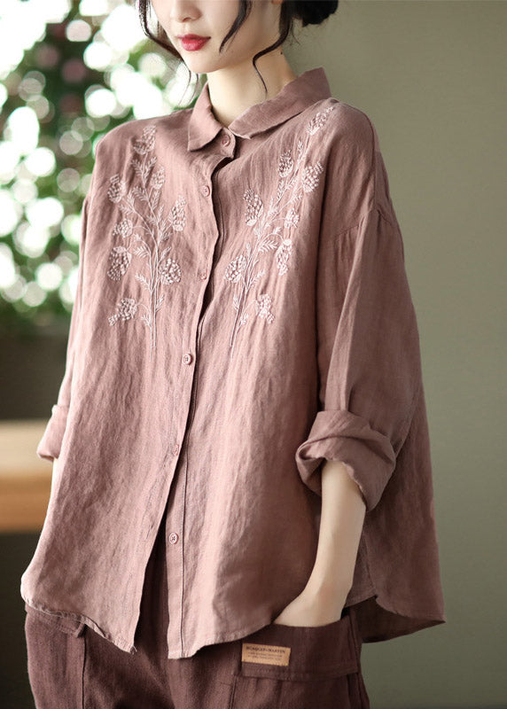 Brown Peter Pan Collar Button Linen Shirts Long Sleeve