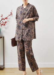 Brown Print Linen Oriental Two Pieces Set Mandarin Collar Spring