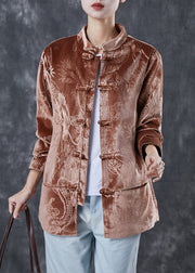 Brown Retro Corduroy Coats Dragon Embroideried Spring