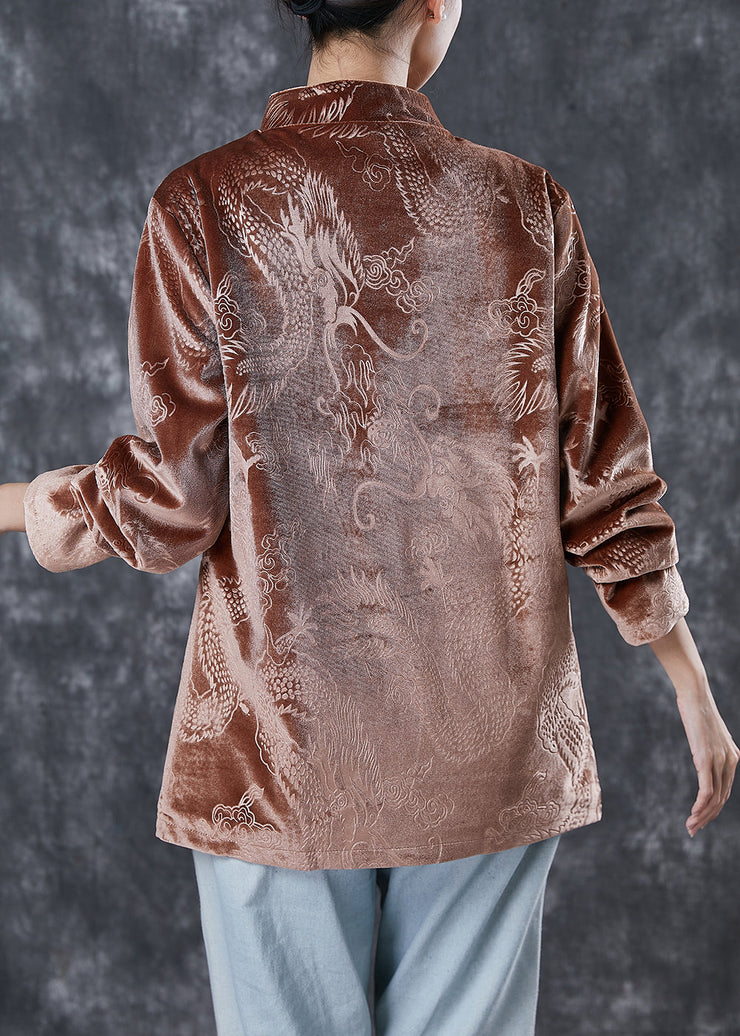 Brown Retro Corduroy Coats Dragon Embroideried Spring