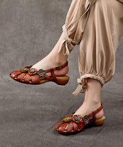 Brown Sandals Splicing Cowhide Leather Hollow Out Buckle Strap Floral