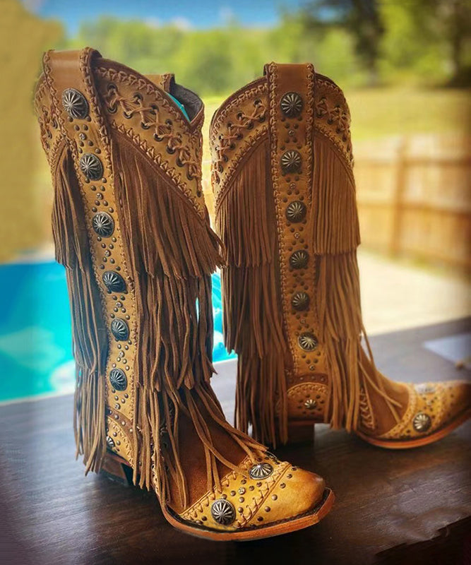 Brown Tassel Embroidery Splicing Chunky Cowboy Boots