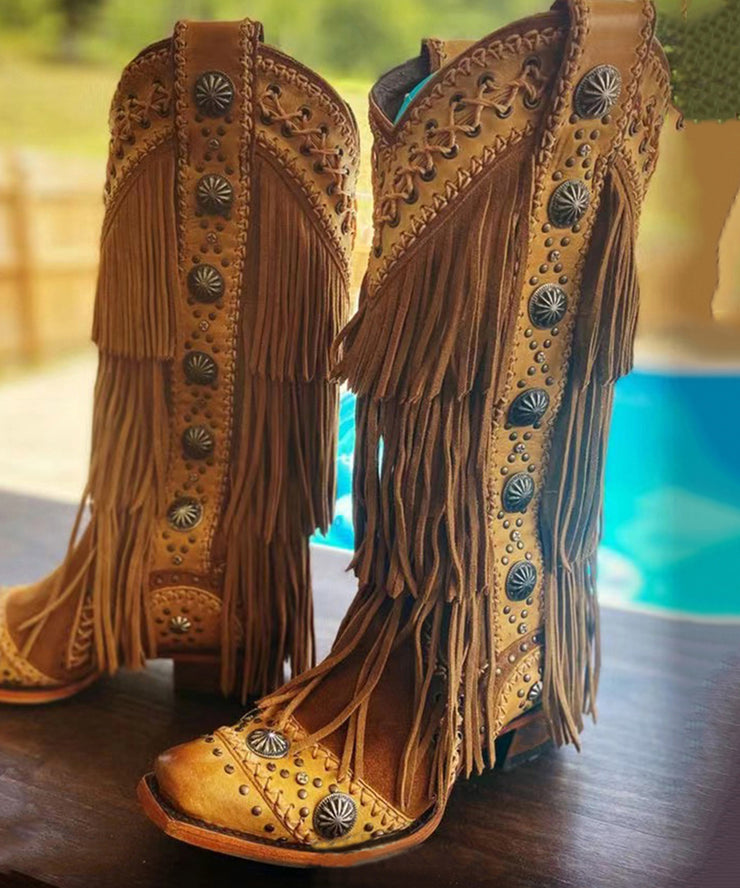 Brown Tassel Embroidery Splicing Chunky Cowboy Boots