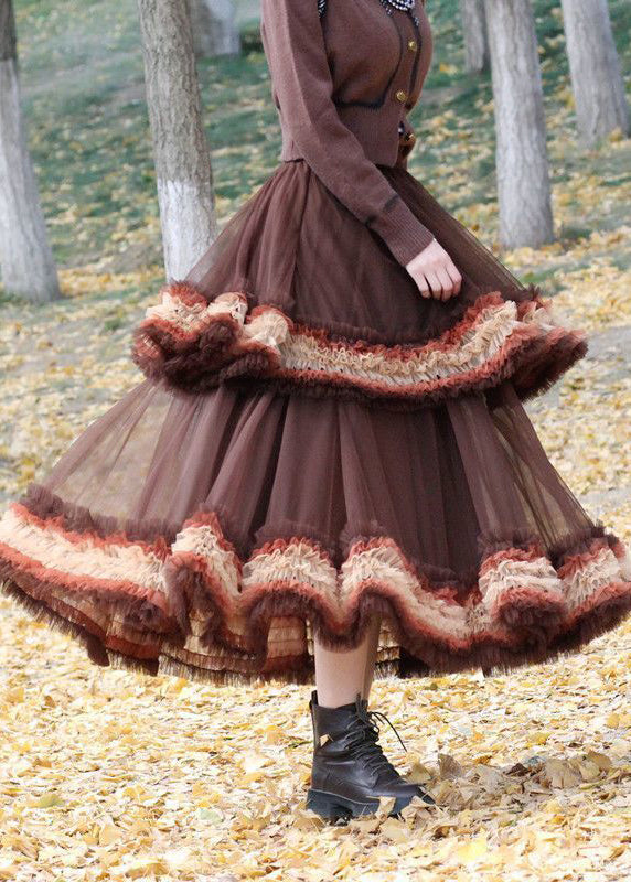 Brown Tulle Vacation Skirt Layered Ruffled Spring