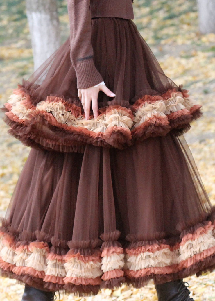 Brown Tulle Vacation Skirt Layered Ruffled Spring