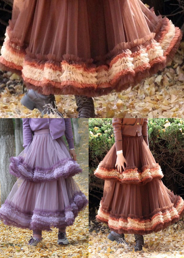 Brown Tulle Vacation Skirt Layered Ruffled Spring