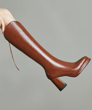 Brown Zippered Splicing Cowhide Leather Chunky Heel Boots