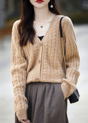 Camel Button Cozy Woolen Knit Cardigans V Neck Long Sleeve