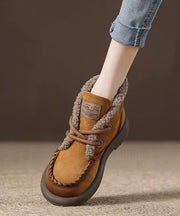 Camel Fuzzy Wool Lined Boots Cowhide Leather Cross Strap