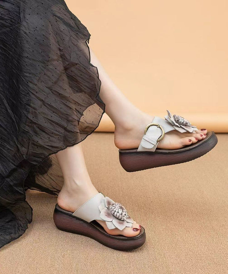 Cameo Brown Floral Handmade Cowhide Leather Wedge Thong Sandals