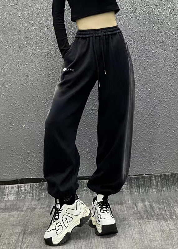 Casual And Comfortable Black Elastic Waist Warm Fleece Beam Pants Winter