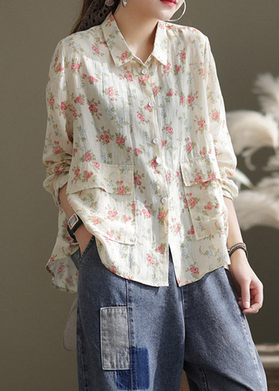 Casual Apricot Peter Pan Collar Print Patchwork Button Linen Shirt Long Sleeve