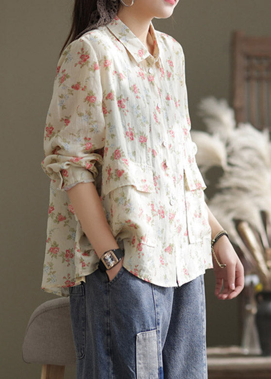 Casual Apricot Peter Pan Collar Print Patchwork Button Linen Shirt Long Sleeve