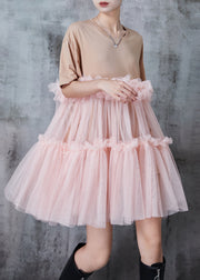 Casual Apricot Ruffled Patchwork Tulle Tea Dress Summer