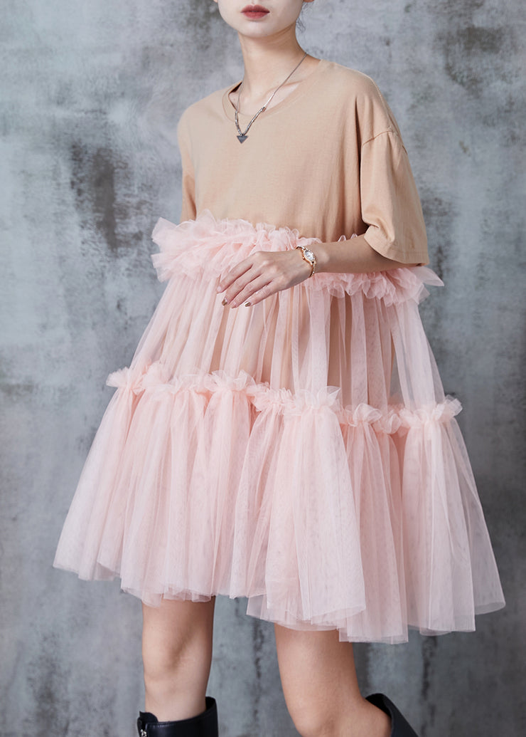 Casual Apricot Ruffled Patchwork Tulle Tea Dress Summer