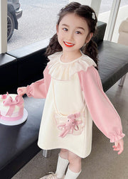 Casual Beige O-Neck Tulle Patchwork Kids Mid Dress Fall