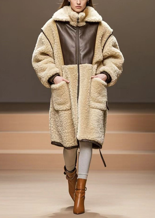 Casual Beige Oversized Patchwork Warm Fleece Coats Winter