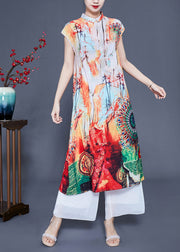 Casual Beige Print Slim Fit Silk Long Dress Summer