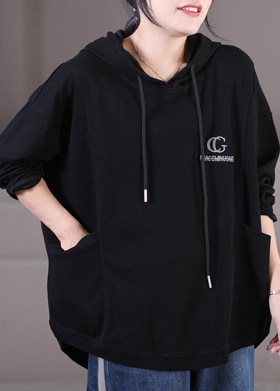 Casual Black Alphabet Graphic Drawstring Hooded Sweatshirt Fall