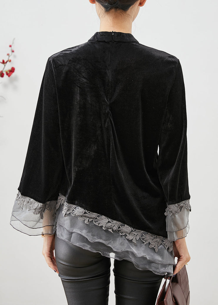 Casual Black Asymmetrical Organza Patchwork Chinese Button Silk Velour Shirt Top Fall