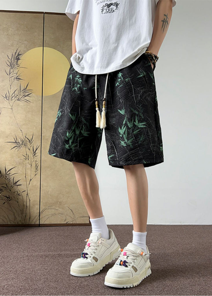 Casual Black Bamboo Print Elastic Waist Cotton Men Beach Shorts Summer