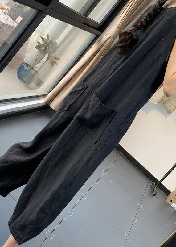 Casual Black Chinese Button Pockets Patchwork Linen Jumpsuits Summer